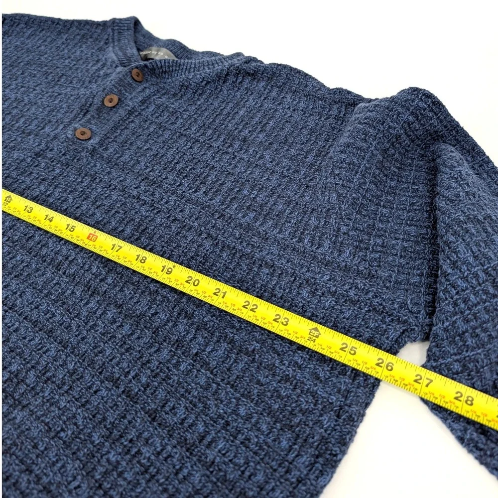 Oscar de la Renta Henley Sweater Blue Waffle Knit Cotton Blend XL
